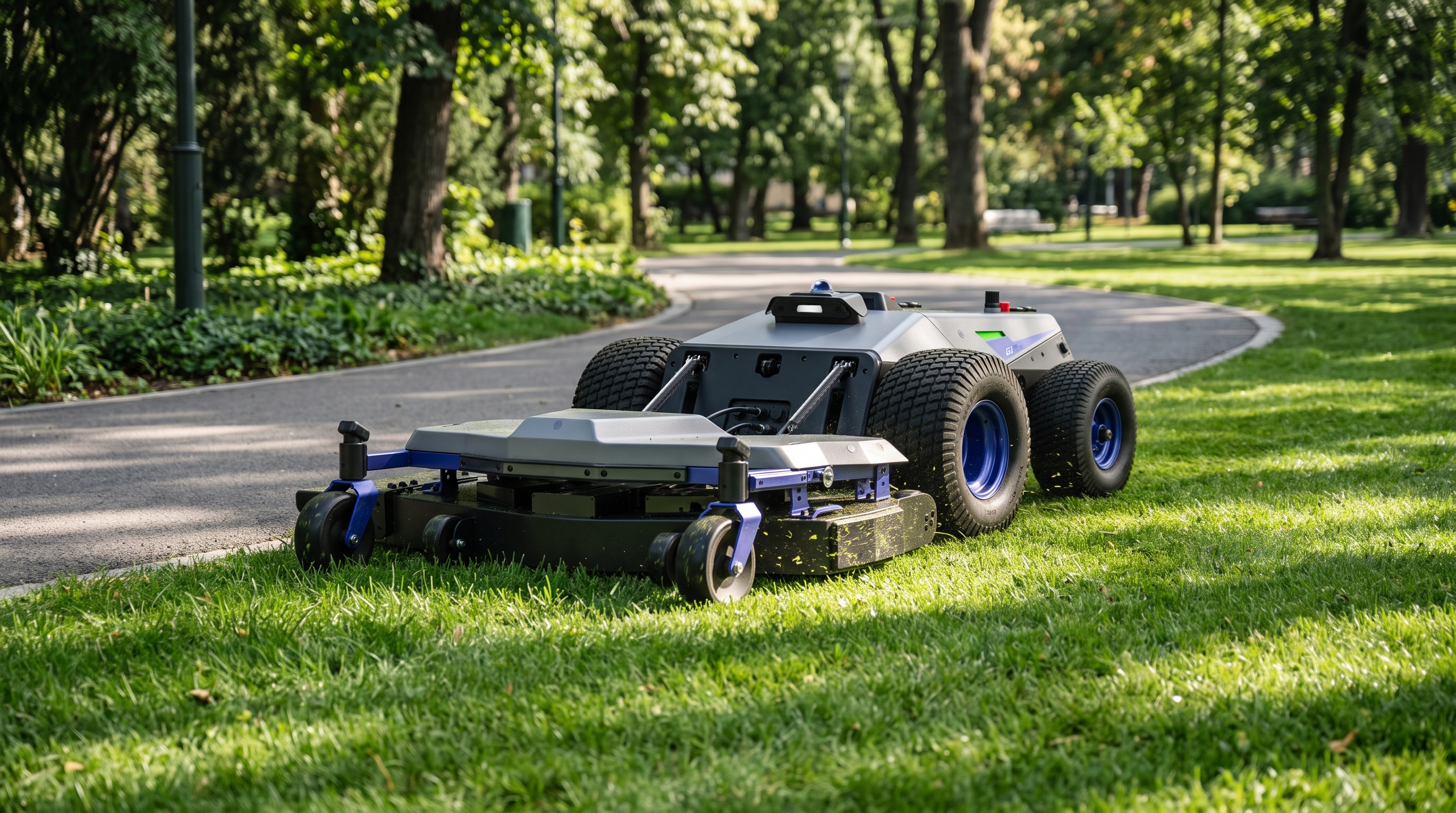 PANDAG G1 commercial robotic mower mowing park lawns at different grass heights