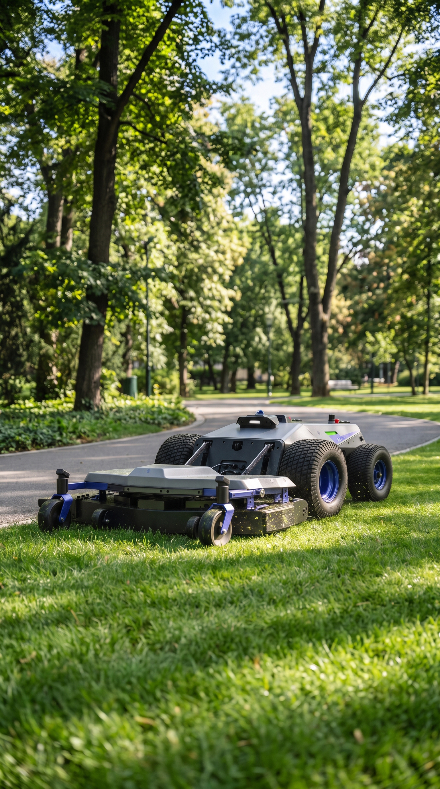 PANDAG G1 commercial robotic mower mowing park lawns at different grass heights